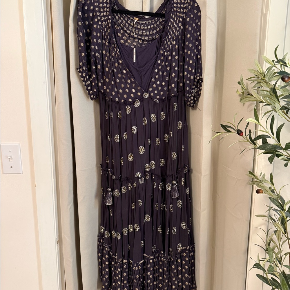 Free People Navy Maxi Dress with Cream Medallion Print